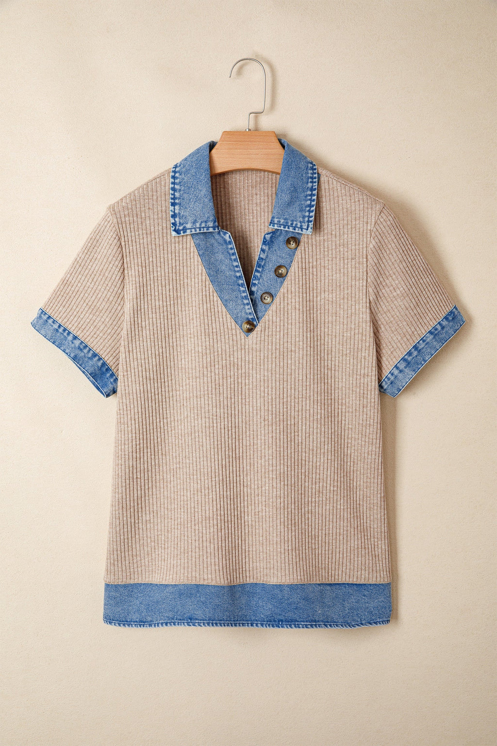 Beige Ribbed Denim Collar Blouse RTS