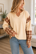 Beige Waffle Plaid Top