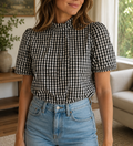 Black Plaid Frilled Blouse