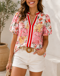 Pink V Neck Floral Blouse